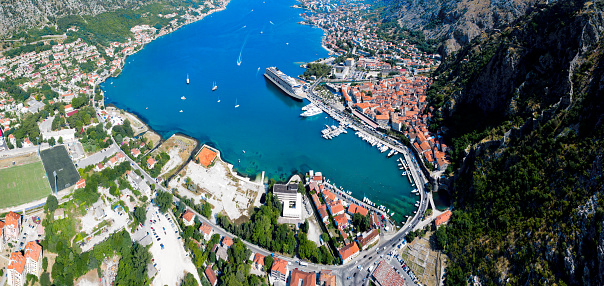Kotor, Montenegro, July 24, 2021: Aerial view of Kotor Old Town