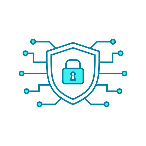 사이버 보안 라인 아이콘입니다. 전자 부품과 자물쇠가 있는 쉴드. - security breach stock illustrations