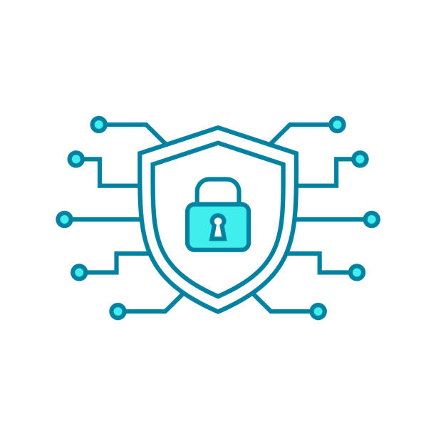 ilustrações de stock, clip art, desenhos animados e ícones de cyber security line icon. shield with electronic components and padlock. - security network security lock computer