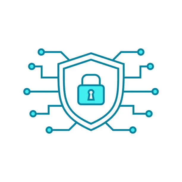 Vector illustration of Cyber security line icon. Shield with electronic components and padlock.