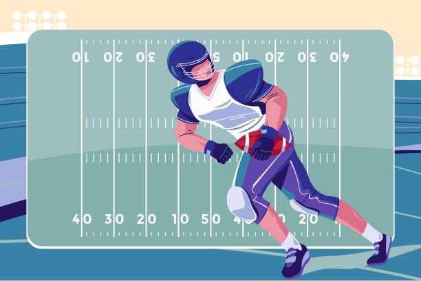 zawodnik futbolu amerykańskiego w akcji z tłem stadionowym - football player football american football stadium american football stock illustrations