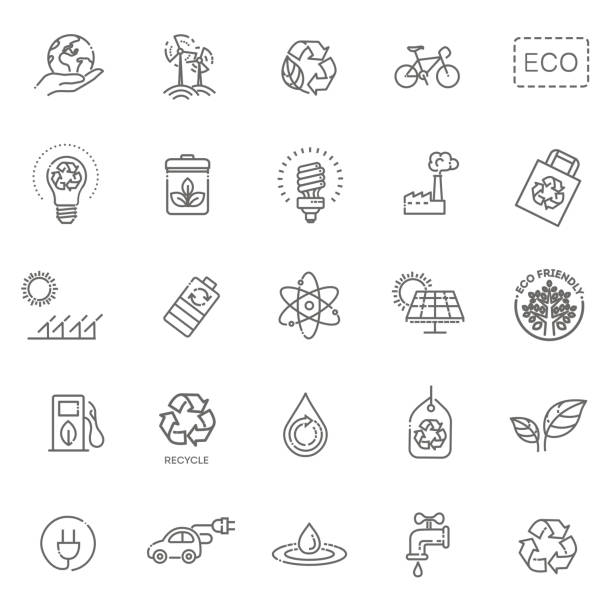 ilustrações, clipart, desenhos animados e ícones de conjunto simples de ícones da linha vetorial relacionadas ecológicas - energia