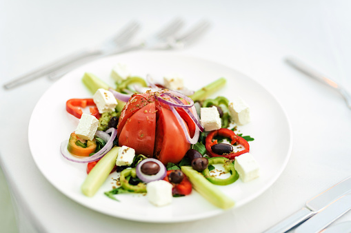 Tomato and cucumber salad with feta cheese. Variation of greek salad. Food photography