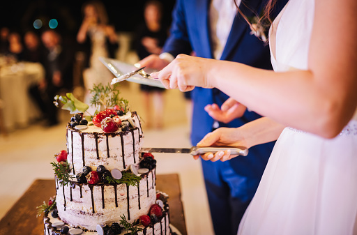 Shot of a middle aged couple cutting the cake at their wedding reception