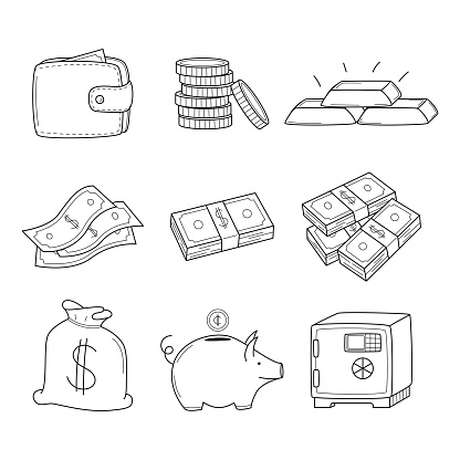 A set of linear icons with money, coins, bills, bundles of banknotes, a piggy bank, cash, a wallet. Business, bank, money symbols. Hand-drawn black and white vector illustration. Isolated on white.