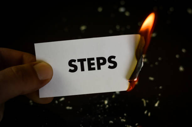 istock burning steps, human hand holding the word steps written on a paper burning with flame and ashes on a black background, concept 1335171993