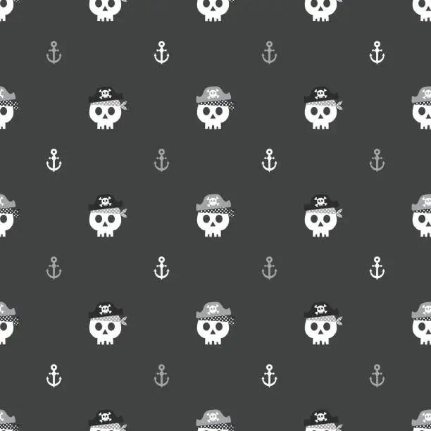 Vector illustration of monochrome seamless pattern pirates and anchor with grey background