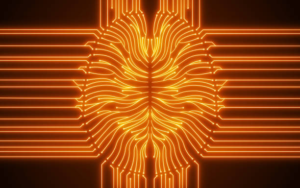 Glowing orange computer brain circuit vector art illustration