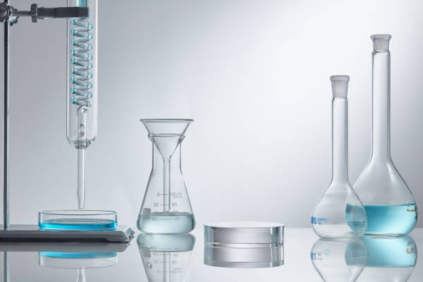 istock Scientific laboratory glassware group with transparent liquid solution, Research and development concept. 1335176321