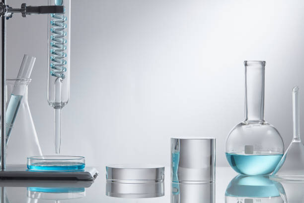 istock Scientific laboratory glassware group with transparent liquid solution, Research and development concept. 1335176322