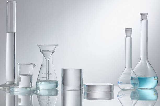 istock Scientific laboratory glassware group with transparent liquid solution, Research and development concept. 1335176341