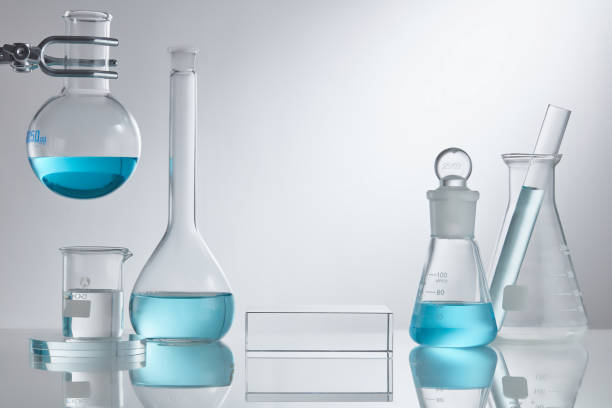 istock Scientific laboratory glassware group with transparent liquid solution, Research and development concept. 1335176344