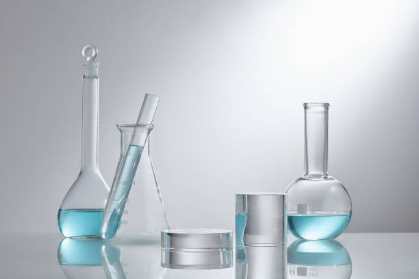 istock Scientific laboratory glassware group with transparent liquid solution, Research and development concept. 1335176393