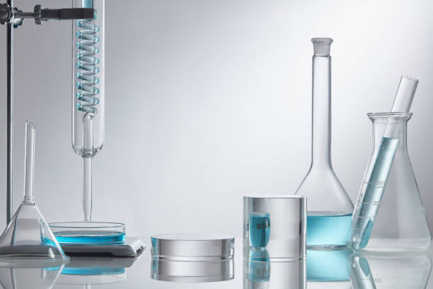 istock Scientific laboratory glassware group with transparent liquid solution, Research and development concept. 1335176422