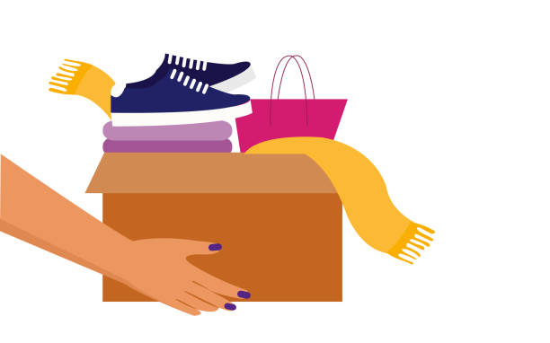 Vector illustration of human hand who is shopping addicted, holding parcel box. Clothing, colorful, gift, online shopping, cargo concepts. Vector illustration of a woman's hand with navy blue nail polish holding cargo. The parcel box contains purple-toned clothes, a navy blue sneaker, a pink women's handbag and a yellow scarf. A cartoon visual about online shopping, shipping, clothing, fashion concepts. The background is flat white color. credit card women internet currency stock illustrations