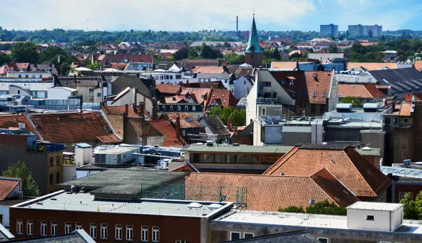 Aerial view of the city center of Braunschweig, Germany, with narrow buildings and close roofs of the houses