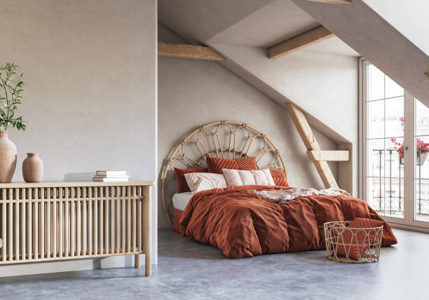 Cozy bedroom interior background in attic