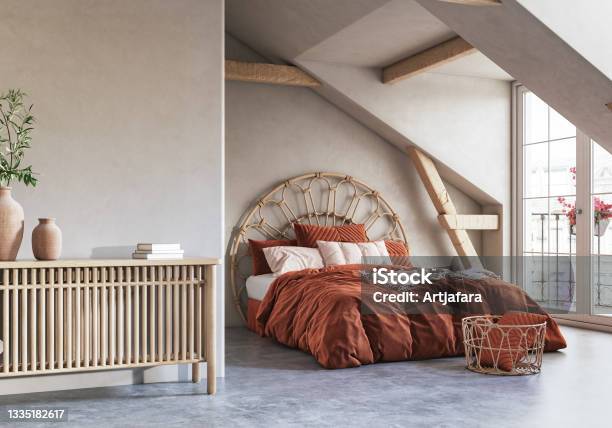 Cozy Bedroom Interior Background In Attic Stock Photo - Download Image Now - Bedroom, Boho, Indoors