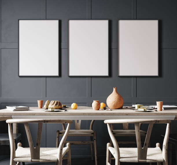istock Poster frame mockup in dark dining room interior 1335182638