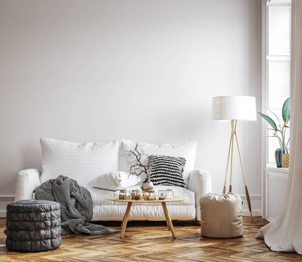 istock Scandinavian living room interior, wall mockup 1335182647