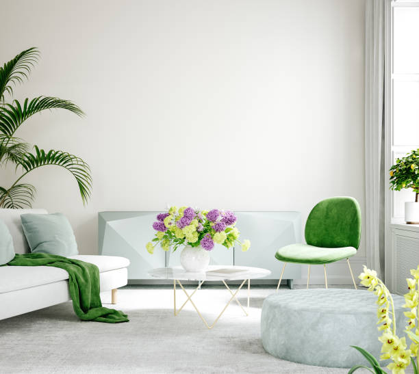 Furnished modern home interior in light pastel colors