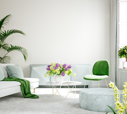 Furnished modern home interior in light pastel colors, 3d render