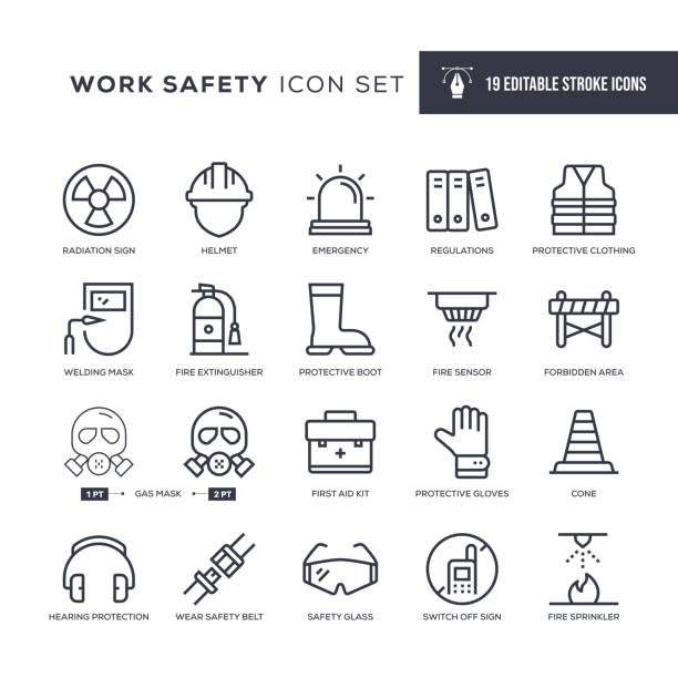 bildbanksillustrationer, clip art samt tecknat material och ikoner med work safety editable stroke line icons - nuclear monitoring