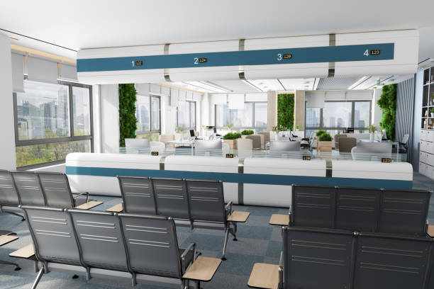 Waiting Area And Customer Stand With Digital Counter In Eco-Friendly Bank Or Government Office Waiting Area And Customer Stand With Digital Counter In Eco-Friendly Bank Or Government Office politics and government stock pictures, royalty-free photos & images
