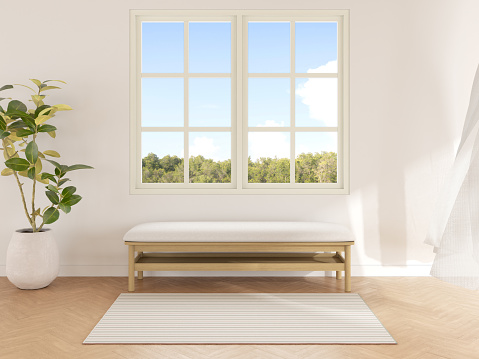 3d rendering of wood bench on wooden floor with window on blue sky  background.