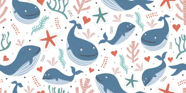 Vector illustration of Whales seamless pattern with ocean theme for baby print. Cute baby animals. Pattern for kids with whales. Kids design.