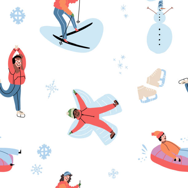 Winter sports, outdoors pastime cute seamless pattern. Happy people sliding down on a snow tube, make snow angel, skiing and skating. Snowman, figure skaters, snowflakes. Vector isolated illustration. Winter sports, outdoors pastime cute seamless pattern. Happy people sliding down on a snow tube, make snow angel, skiing and skating. Snowman, figure skaters, snowflakes. Vector isolated illustration. snow angels stock illustrations