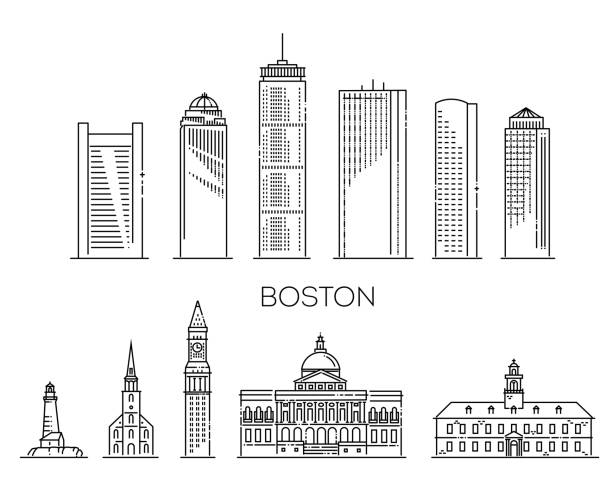 ilustraciones, imágenes clip art, dibujos animados e iconos de stock de boston, massachusetts, punto de referencia de viaje del edificio histórico icono de línea delgada - boston urban scene skyline sunset