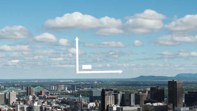 Animation of white bar graph icon appearing over blue sky and modern cityscape