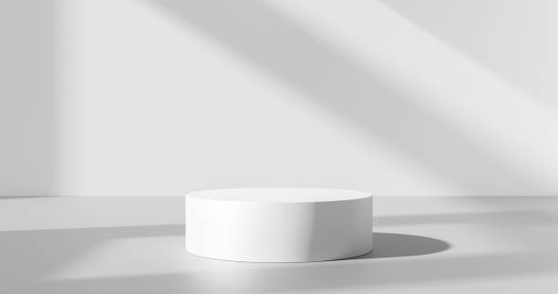 white product background or empty blank space room design and window light minimal shadow display platform stage on interior podium pedestal scene backdrop stand with studio showcase. 3d render. - white podium imagens e fotografias de stock