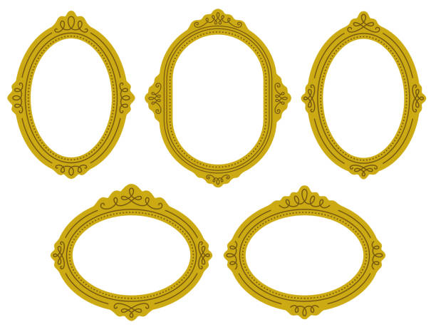 Illustration set of golden oval picture frames A set of golden oval picture frames with European style calligraphy uniform line decoration mirror object patterns stock illustrations