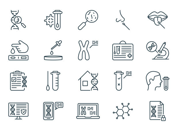 bildbanksillustrationer, clip art samt tecknat material och ikoner med dna laboratory research set line icon. lab for genetic analysis linear pictogram. sample kit for genetic analysis, dna test result outline icon. editable stroke. isolated vector illustration - statistics corona