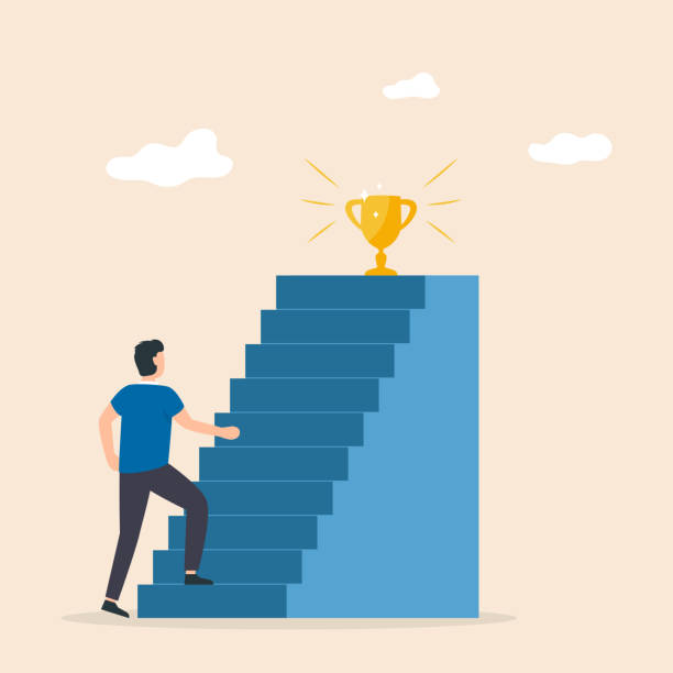 мужчины продвигаются вверх по лестнице к цели в виде золотого кубка. векторная иллюстрация. - businesswoman winning competition staircase stock illustrations