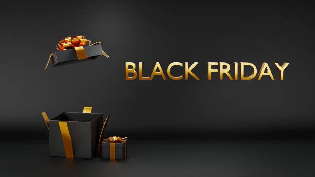 istock Black Friday Holiday Concept. Black gifts boxes and open empty space gift box present for you put festive object with golden ribbon bow on black background, 3D rendering illustration 1335200894