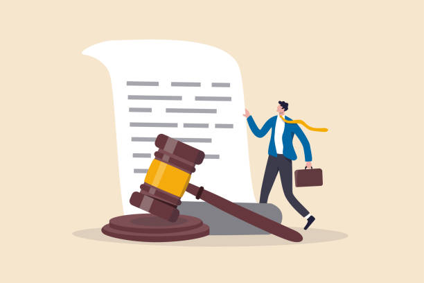 stockillustraties, clipart, cartoons en iconen met legal document, attorney or court professional office, law and judgment approval paper concept, mature lawyer holding legal document with a gavel hammer symbol of court or judgement. - law