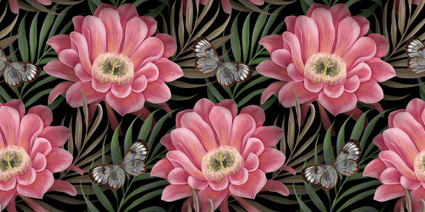 tropikalny bezszwowy wzór z egzotycznymi kwiatami kaktusa, szklanymi skrzydlatymi motylami, liśćmi palmowymi. - egzotyczny ptak obrazy stock illustrations