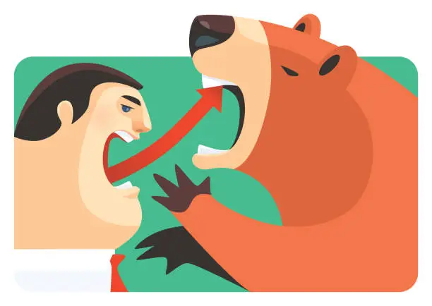 Vector illustration of businessman with rising arrow symbol hitting bear