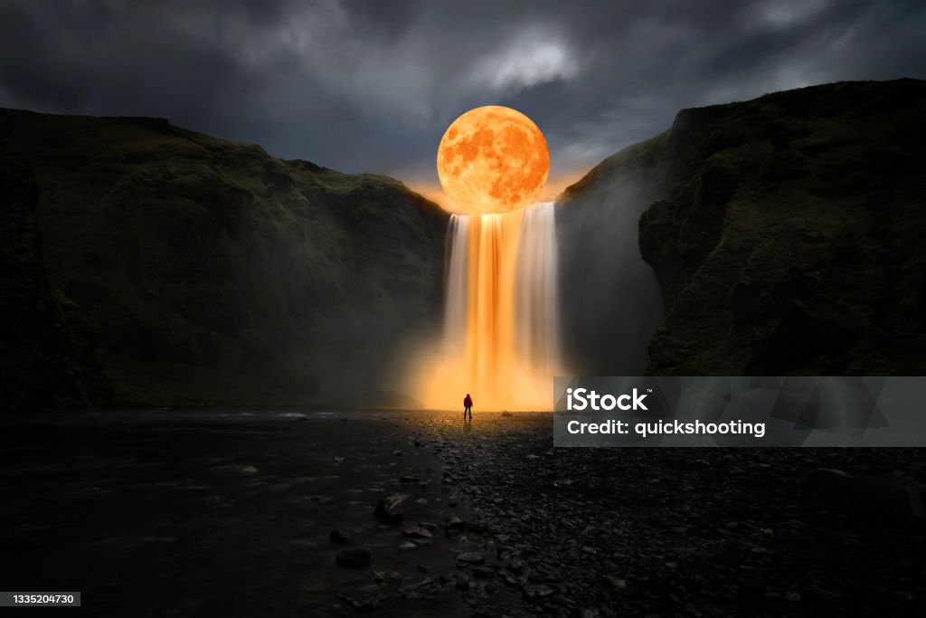 Orange moon over great waterfall Surrealism Stock Photo