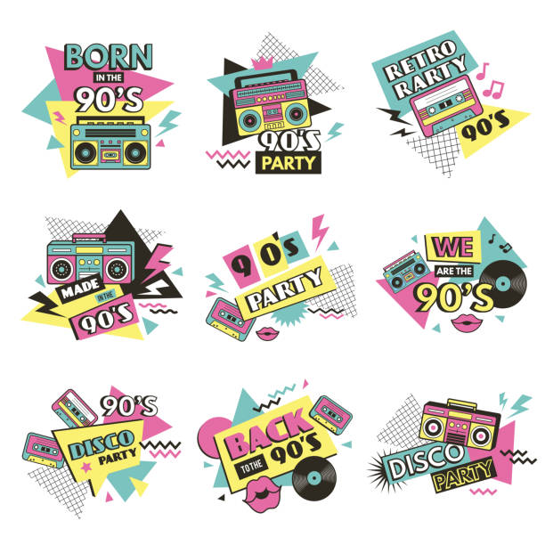90s labels. Vintage fashioned labels for clothes retro style elements of pop music of 80s musical boombox radio recent vector pictures set 90s labels. Vintage fashioned labels for clothes retro style elements of pop music of 80s musical boombox radio recent vector pictures set. Illustration label back to 90s party, fashion emblem 1990s style stock illustrations