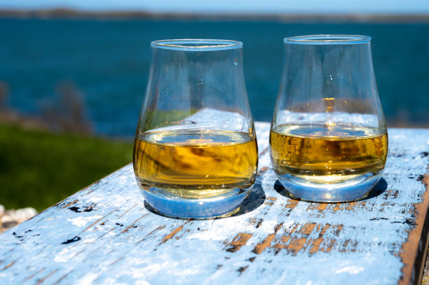 tasting of single malt scotch whisky with blue sea, ocean or river view, private whisky tours in scotland, uk - spey scotland stockfoto's en -beelden