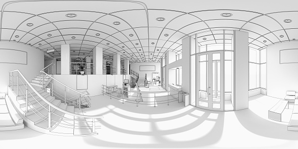 Spherical 360 degrees panorama projection, panorama in interior empty room in modern office building 3d rendering illustration