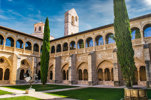 Cloister and belfry of the Cistercian monastery of Santa María de Valbuena in the province of Valladolid, Spain