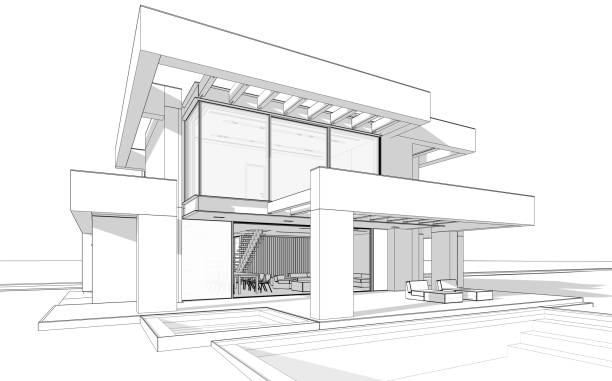 istock 3d rendering of modern house in luxurious style black line on white background 1335211966