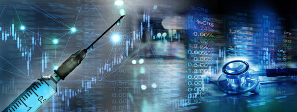 estetoscopio y jeringa de drogas con gráfico del mercado de valores en el negocio de ciencias de la salud médicas fondo de bandera azul brillante - healthcare and medicine science finance graph fotografías e imágenes de stock