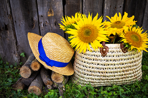 Logs, a hat, a bouquet of sunflowers in a straw bag are standing near a wooden house. Close-up.