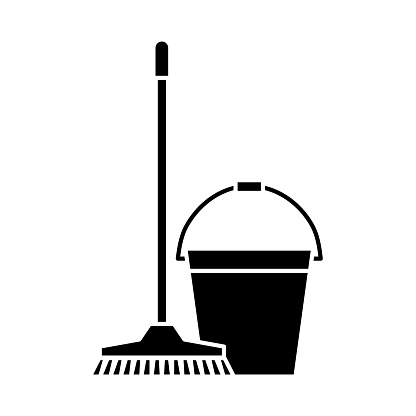 Mop and bucket, cleaning icons. Washing housekeeping equipment sign. Cleaning mop with bucket in glyph style. Vector